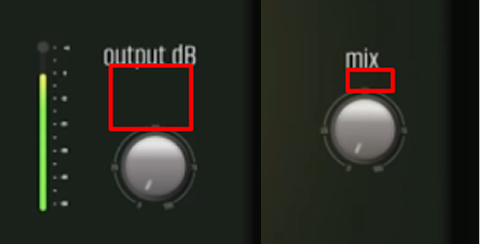 Close-up of output and mix knobs showing visual artifacts from manual scaling